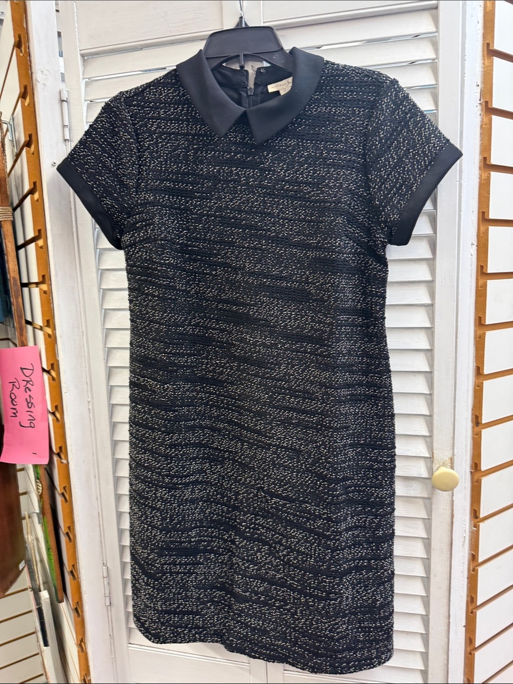 Black Textured Short Sleeve Shift Dress with Peter Pan Collar